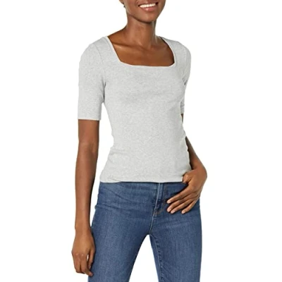 Image de Amazon Essentials T Shirt Ajusté à Manches Mi Longues et Col Carré Women&#039;s, Gris Clair Chiné, L