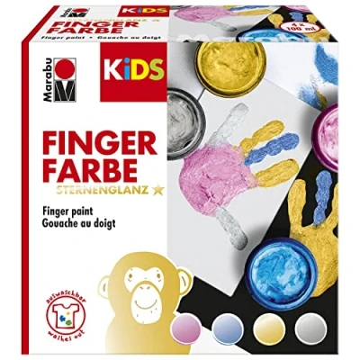 Afbeelding van Marabu 0303000000086 KiDS vingerverfset met sterren 4 x 100 ml kleuren, veganistisch, wasbaar, voor kinderen vanaf 3 jaar, 0303000000086, roze, blauw, goud, zilver
