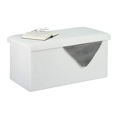 Afbeelding van Relaxdays hocker met opbergruimte halbank zitbank zitkist 84 l voetenbank stof wit