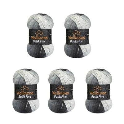 Afbeelding van Wollbiene Batik Fine Wol, 5 x 100 g, 500 gram wol met kleurverloop, meerkleurig, kleur: 5000 zwart grijs wit