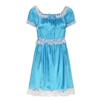 Afbeelding van Satini Lingerie Satijn Mietje Babydoll Ruches Kant Volledige Slip Nachtkleding Jurk, blauw groen