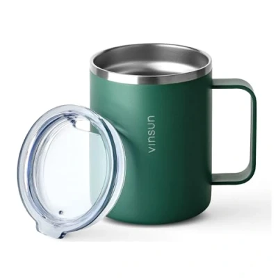 Afbeelding van VINSUN Thermosbeker met handvat, 350 ml, koffiemok om mee te nemen, roestvrij staal, transparant deksel drinkopening, thermobeker voor reizen, outdoor,