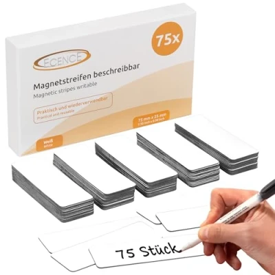 Afbeelding van ECENCE 75 magnetische etiketten, beschrijfbaar, x 25 mm, in wit en op maat te snijden, whiteboards, koelkasten