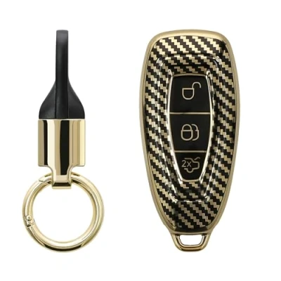 Afbeelding van kwmobile autosleutel hoesje met sleutelring geschikt voor Ford 3 knops Keyless Go Sleutel case sleutelhanger Metallic Carbon design in goud / zwart