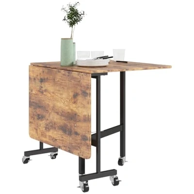 Afbeelding van HOMCOM Klaptafel, keuken, eettafel, inklapbaar, met 2 kleppen, 6 wielen remmen, voor 4 personen, belasting 100 kg, stalen poten, 120 x 80 73 cm, rustiek bruin