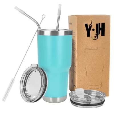 Afbeelding van Y·J&amp;H 900 ml reisbeker, dubbelwandig, vacuüm geïsoleerd, roestvrij staal, met 2 spatdeksels, rietjes en afvoerborstel, BPA vrij, turquoise