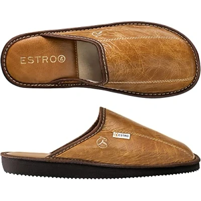 Afbeelding van ESTRO Pantoffels voor heren, pantoffels, herenpantoffels, leer, wol, onzichtbare zool, roest, Kameel