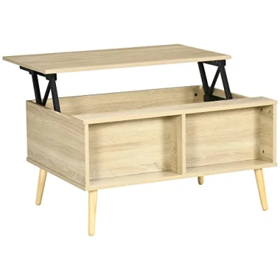 Afbeelding van HOMCOM Rechthoekige salontafel met opklapbaar tafelblad 2 nissen en houten kist in lichte houtlook