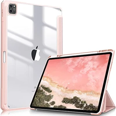 Afbeelding van Fintie Hoes voor iPad Pro 12.9 2021 (5e Generatie)/ 2020/2018 [Ingebouwde Penhouder] Schokbestendige Cover met Transparant Harde Schaal Terug Beschermhoes, (Roségoud)