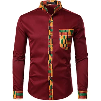 Afbeelding van PARKLEES Herenhemd met lange mouwen tribal patroon en opa kraag print, Pzzcl46 Bordeaux