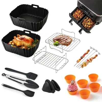 Afbeelding van 15 delige heteluchtfriteuse accessoires, dual zone accessoires voor Ninja AF300EU 7,6L, AF400EU 9,5L, AF500EU, Devology Cecotec 9L, Innsky Balter 8L, airfryer met dubbele kamer