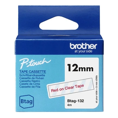 Image de Brother BTAG 132 Rouge sur transparent Rouleau (1,2 cm x 4 m) 1 cassette(s) boîte de suspension bande d&#039;étiquettes