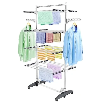 Afbeelding van Todeco Opvouwbaar droogrek met 4 niveaus, voor binnen van roestvrij staal, opvouwbaar, bovenstang, in hoogte verstelbare vleugels, terras, tuin, grijs
