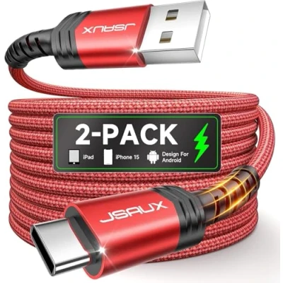 Afbeelding van JSAUX USB C kabel (1 + 2 m, stuks), 3,1 A, duurzaam, kabel, type C, snel opladen, nylon, gevlochten, compatibel met Samsung A13 A53 A52 S9 S8 S10 S22 S21 S20, Xiaomi Redmi Note 11 10, rood