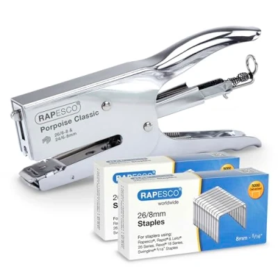 Image de Rapesco 1298A Pince Agrafeuse Classique Porpoise et 10.000 Agrafes de Type 26/8mm, Capacité 45 Feuilles, Chrome