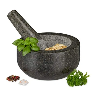 Afbeelding van Relaxdays vijzel met stamper kruiden vermaler grijs 16 cm mortier steenmortel