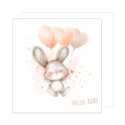 Afbeelding van Edition Seidel EQ103 SW024 Hoogwaardige vierkante wenskaart met envelop, Hello Baby Ticket Jongen Meisjes Konijn Ballonnen Harten