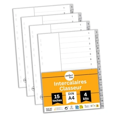 Afbeelding van perfect line Set van 4 ordnertabbladen DIN A4 kunststof (PP), 15 tabbladen (15 stuks), grijs, registers voor mappen, recyclebaar, Made in Germany