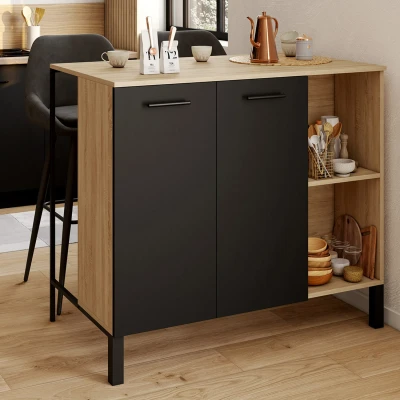 Image de Table de bar îlot CINA 100 cm bois noir et plateau façon hêtre IDMarket
