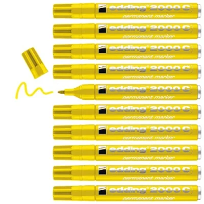 Afbeelding van edding 2000 C permanente marker, geel, 10 pennen, ronde punt 1,5 3 mm, sneldrogend, water en veegbestendig, voor karton, kunststof, hout, metaal, universele marker