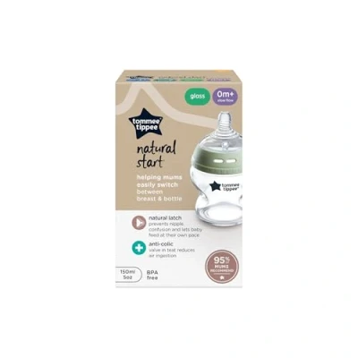 Afbeelding van Tommee Tippee Closer to Nature glazen zuigfles langzame uitstroomsnelheid anti colic ventiel 150 ml verpakking van 1 stuk doorzichtig