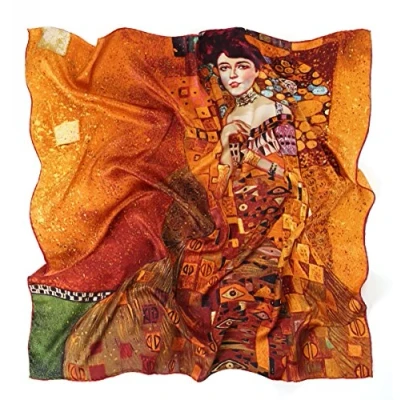 Afbeelding van Prettystern Vrouw 90 cm vierkante stola zijden kalk art nouveau foto gedrukt kunst schilderij Gustav Klimt, P817 Adele Bloch bauer I