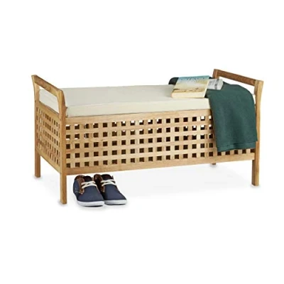 Afbeelding van Relaxdays bank met opslagruimte notenhout kussen 46,5 x 92,6 49 cm zitbank