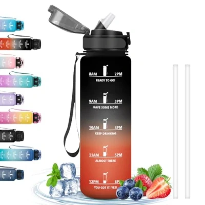 Afbeelding van Sportfles zonder verlies, 1 liter, sportwaterfles met rietje, gemakkelijk mee te nemen, wandelfles, voor volwassenen, sportfles, camping, fietsen, hardlopen, yoga