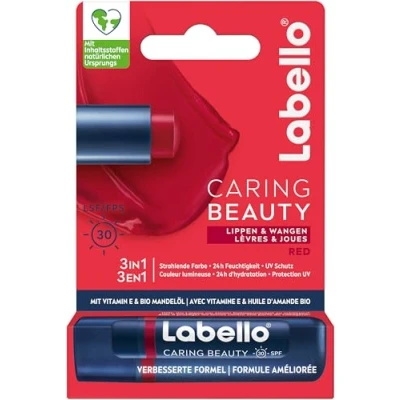 Afbeelding van Labello Caring Beauty Red Lippenbalsem met kleur en zonbescherming, gekleurde lippenverzorging SPF 30, vitamine E biologische amandelolie (4,8 g)