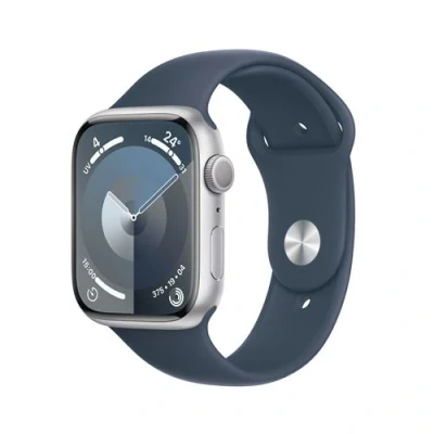 Afbeelding van Apple Watch Series 9 45mm Zilver (Blauwe Siliconenband M/L)