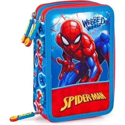 Afbeelding van L&#039;ERBAVOGLIO Origineel etui met 3 ritssluiting en 44 delen, Spiderman (rood/blauw), Pennenhouder voor kinderen