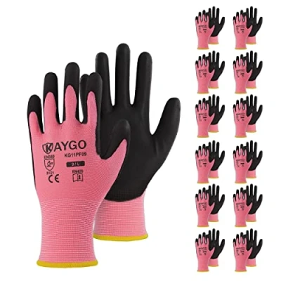 Afbeelding van KAYGO 12 paar werkhandschoenen voor mannen en vrouwen, beschermende handschoenen met PU coating, antislip handgreep op handpalmen vingers, geschikt algemeen werk (roze, maat 7)