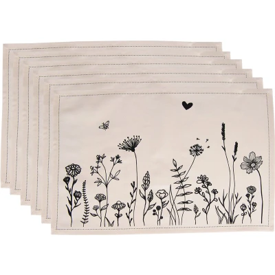 Afbeelding van Clayre &amp; Eef Placemats Set van 6 48x33 cm Beige Zwart Katoen Bloemen