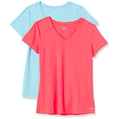 Image de Amazon Essentials T shirt Tech à manches courtes et col en V, extensible (disponible grande taille) Dames, 2 Pack, Bleu/Rose Fluo, XXL