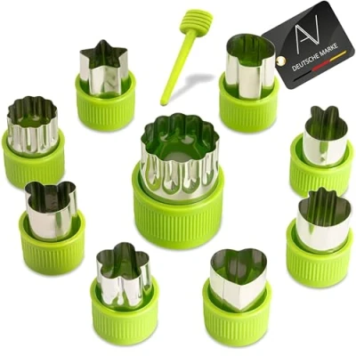 Afbeelding van AVANA 9 stuks roestvrij stalen uitsteekvormen, groenten, fruit, uitstekers, dieren, vorm, groentesnijder, koekjes, snijder, groenteuitsteker, beschermgreep voor kinderen, groen