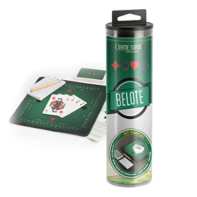 Afbeelding van WOGAMAT Game Tubes Belote complete set voor spel met antislip mat van neopreen + 32 kaarten scoreblok en potlood