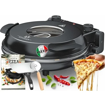 Afbeelding van KESSER® Elektrische pizzaoven tot 400 C, 1200 W, met vuurvaste stenen plaat en timer, diameter 32 cm, 5 warmtestanden kijkvenster, pizzasnijder boek