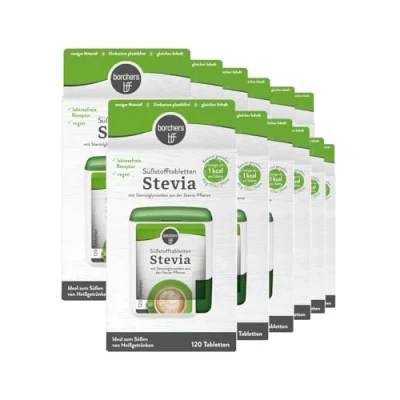 Afbeelding van BORCHERS stevia 12 verpakkingen à 120 tabletten tafelzoetstof suiker en mix caloriearm praktische zoetstofdispenser alternatief voor