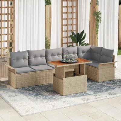 Afbeelding van vidaXL 7 Delige Tuin Eetset met Kussens Beige Poly Rattan Acacia