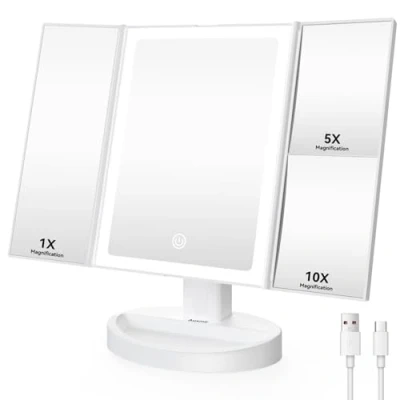 Afbeelding van Auxmir Make upspiegel 1X/5X/10X met 68 stuks leds, spiegel drie kleppen touchscreen, drieluik spiegel, 1200 mAh, oplaadbaar, USB, 180 verstelbare cosmetische
