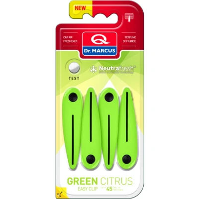 Afbeelding van Dr. Marcus Easy Clip Green Citrus luchtverfrisser met neutrafresh technologie Autogeurtje voor in de auto Tot 45 dagen geurverspreiding 4 clips sterktes