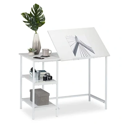 Afbeelding van Relaxdays bureau kantelbaar tekentafel computertafel laptoptafel 3 vakken wit /