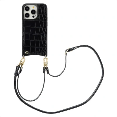 Afbeelding van Selencia Hoesje Geschikt voor iPhone 14 Pro met Pasjeshouder Nova Croco Backcover koord en pashouder Zwart