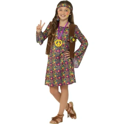 Afbeelding van Smiffys Hippie meisjeskostuum, meerkleurig, jurk met vest, hoofdband en medaillon