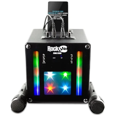Image de RockJam Machine de karaoké Bluetooth Singcube 5 watts avec deux microphones, effets changement voix et lumières LED, noire