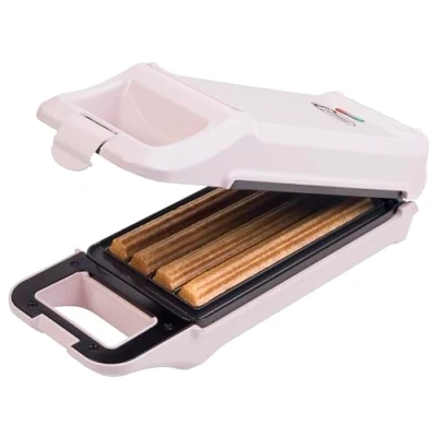 Afbeelding van Bestron Churros maker, wafelijzer voor 4 churros, met indicatielampje &amp; antiaanbaklaag, Sweet Dreams Collection, 700 Watt, kleur: Roze