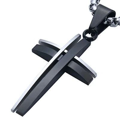Afbeelding van DonDon Herenketting tweekleurig kruis hanger Roestvrij staal en zwart sieradenzakje, staal, Geen edelsteen, edelsteen