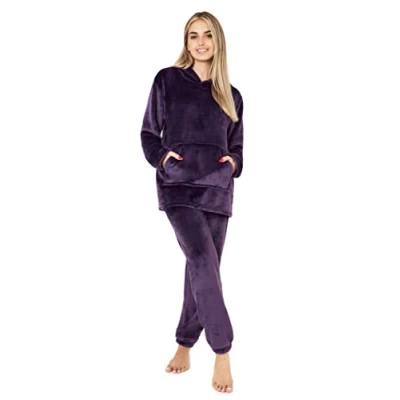 Afbeelding van CityComfort Pyjama voor dames, pluizige fleece damespyjama, loungewearset, Diep Paars, XL