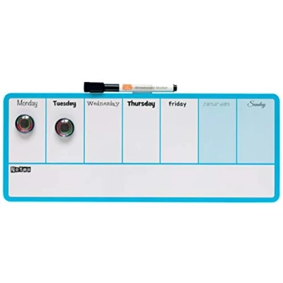 Afbeelding van Nobo Mini bord, weekplanner, magnetisch, droog afwasbaar, wandmontage, geïntegreerde pennenhouder, markers en magneten inbegrepen, 360 x 140 mm, blauw, 1904047