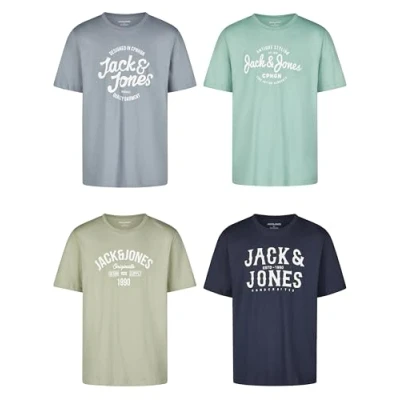 Afbeelding van Jack &amp; Jones Jjlino T shirt met ronde hals en korte mouwen, normale pasvorm, print, zomer, 100% katoen, zwart, wit, groen, rood, blauw, grijs, maten S, M, L, XL, XXL, 3XL (set van 4), 1 exemplaar